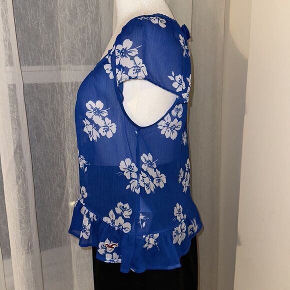 Hollister S Scoop Neck Short Sl Ruffle Hem Back Bow Tie Keyhole Floral Blouse - Picture 7 of 11